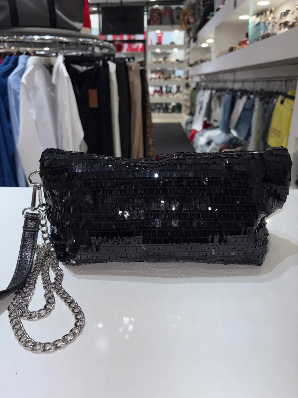 Sparkling Black Sequin Clutch with Silver Chain Strap